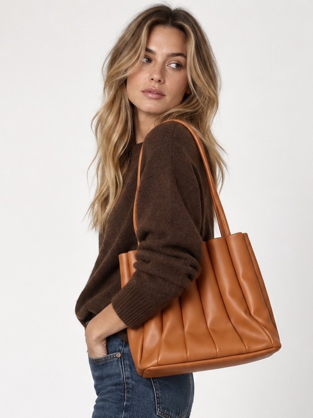 Cognac Brown Pleated Faux Leather Shoulder Tote Bag Slouchy Minimalist Purse